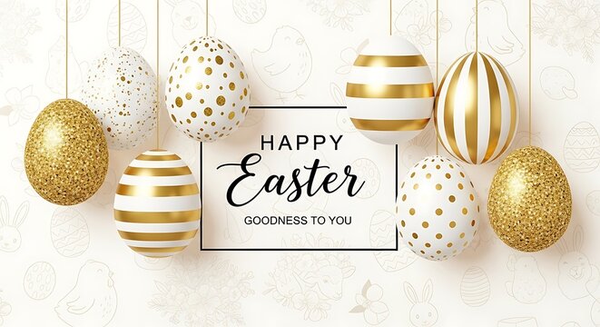 Decorated easter eggs hanging with a happy easter greeting card