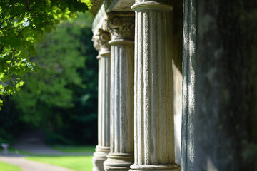 Naklejka premium Classic Architectural Columns And Sculptures Representing Heritage And Endangered Peoples In Dramatic Light Generative AI Image