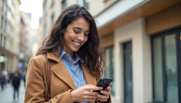 Smiling brunette woman uses smartphone outdoors on city street. She holds phone in hands, looking down at screen. Person wears coat and collared shirt. Background shows blurred urban buildings.