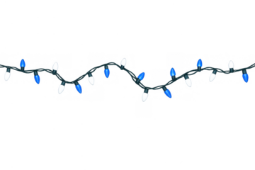 Christmas lights garland string with blue and white bulbs. Festive holiday decoration on transparent background