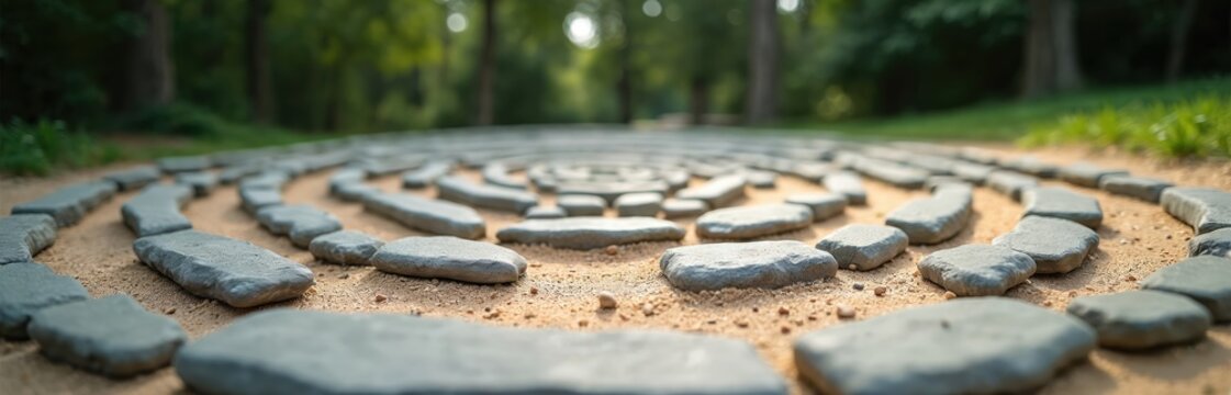 Stone labyrinth path for meditation and walking in nature. Serene garden with winding walkway made of rocks. Peaceful outdoor retreat for mind and body.