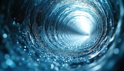 Fototapeta premium Water swirls in a pipe leading to light. Clean fluid transport in modern infrastructure. Aqua flows through pipeline tunnel creating abstract motion effect. Aqua resource management. Liquid journey.