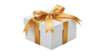 Obraz premium White gift box with golden ribbon on transparent background ready