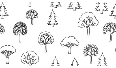 Modern thin-line black and white tree pattern vector seamless background