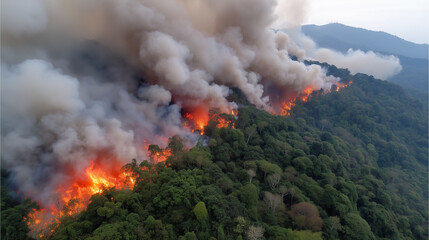 Fototapeta premium Wildfire disaster in tropical forest caused by human activity, environmental emergency, jungle fire catastrophe, ecological crisis, forest destruction, natural habitat burning, cli