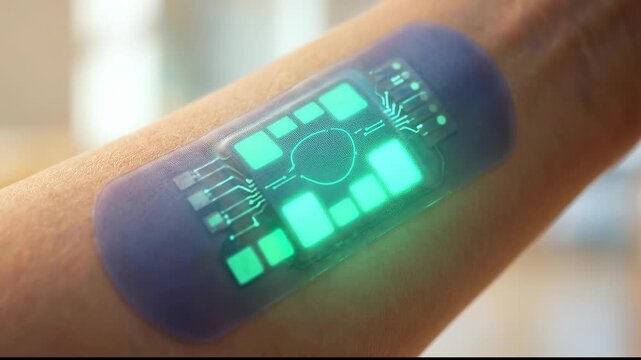 A futuristic smart patch, glowing with digital data, is applied to a person's wrist, representing a modern health innovation. 