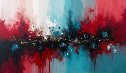 Fototapeta premium Abstract expressionist painting featuring vibrant red and teal contrast with a textured black horizon background.