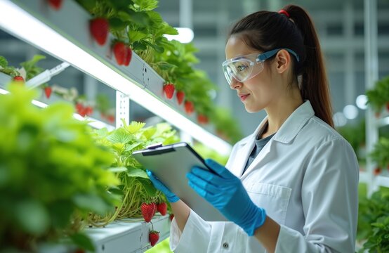 Woman scientist checks strawberry plants growth in vertical farm. Researcher uses clipboard for notes on crop yield in controlled agri tech lab. Female works on modern agriculture.