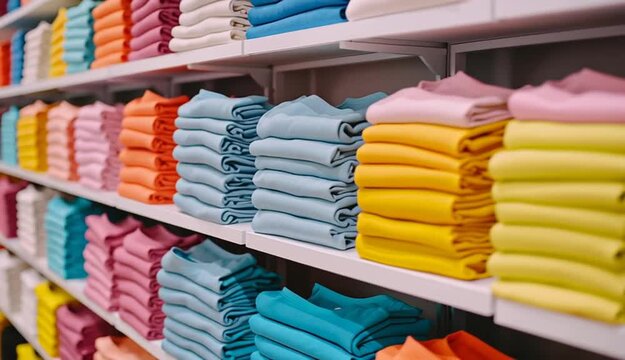 Neatly folded stacks of colorful t-shirts on white retail shelves, organized rows of folded clothing in coral pink, yellow, light blue, turquoise, and pastel colors, retail store display