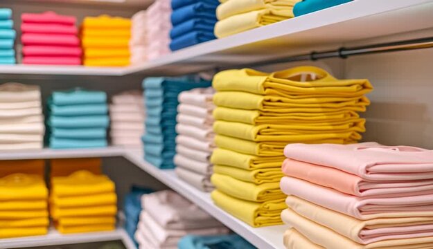 Neatly folded stacks of colorful t-shirts on white retail shelves, organized rows of folded clothing in coral pink, yellow, light blue, turquoise, and pastel colors, retail store display