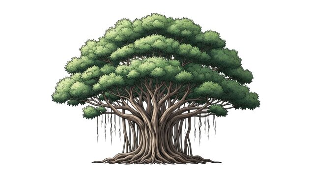 Banyan Tree Image: Detailed Vector Illustration of Ancient Tropical Tree for Nature and Environment Concepts, Isolated on White Background