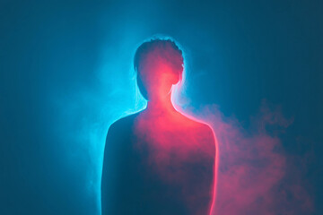 Glowing human figure made of golden light fire particles in darkness showing abstract ethereal beauty and dreamlike energy, generative ai