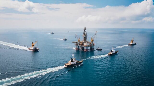 Construction supervisor monitoring offshore platform from coastal site. Semi-submersible oil rig with multiple cranes and support vessels in open water. Static wide shot.