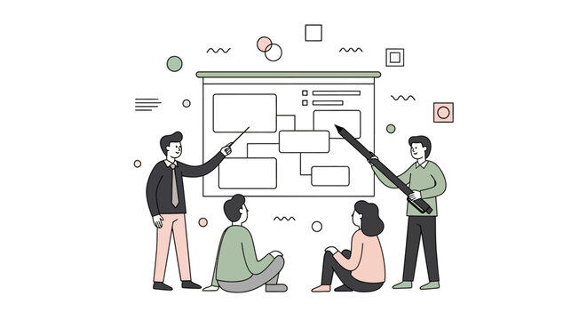 Business Strategy Mapping: Collaborative team aligning on organizational process flow and project architecture during a corporate planning session.