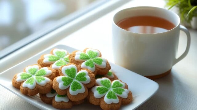 Delicious green shamrock cookies arranged on a white plate beside a cup of tea, showcasing vibrant colors and festive designs for St. Patrick's Day celebration