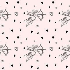 Hand-drawn seamless pattern of a cherubic cupid with wings, shooting arrows, scattered tiny hearts. Elegant, romantic, antique-inspired design for Valentine&rsquo;s projects.
