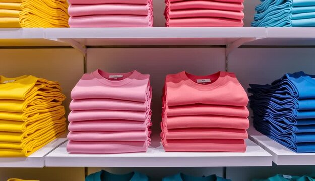 Neatly folded stacks of colorful t-shirts on white retail shelves, organized rows of folded clothing in coral pink, yellow, light blue, turquoise, and pastel colors, retail store display