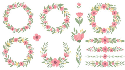 Spring Floral Wreaths and Borders - Pink Flowers, Green Leaves, Decorative Elements