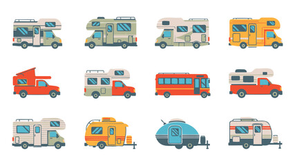 Collection of colorful travel vehicles and campers in flat design illustration set