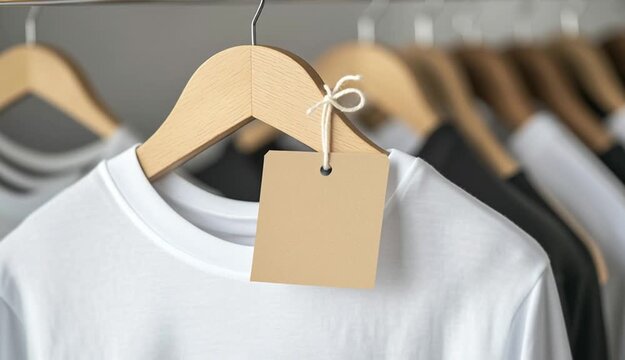 White t-shirt on wooden hanger with blank kraft paper price tag attached by string, clothing rack with other garments visible in background, retail clothing display
