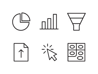 Data Analysis and Web Interface Icons &ndash; Pie Chart, Bar Graph, Sales Funnel, File Upload, Mouse Click, and Grid Layout