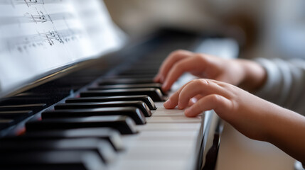 Fototapeta premium Close-up of faceless hands sharing a piece of sheet music at a piano, one teaching the other notes, Passing on Knowledge concept, musical mentorship, soft lighting, creative learni