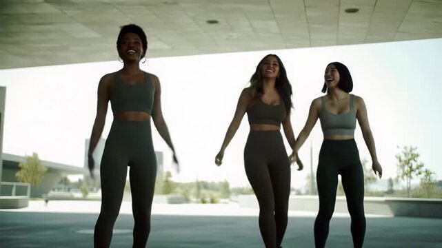 Three diverse young adult women in modern athletic activewear skateboard joyfully through a sleek urban park under bright daylight, with shallow depth of field. Concept of active living