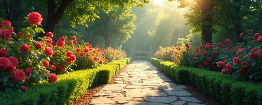Stone path winds through a lush garden with vibrant red roses and manicured green hedges. Soft sunlight filters through trees creating a peaceful outdoor ambiance.