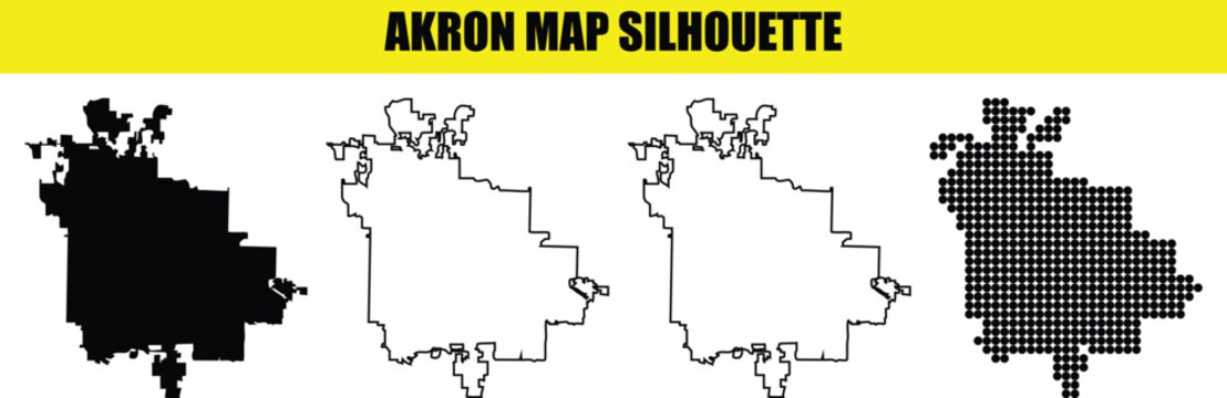 Akron ohio map silhouette collection black white outline and dot illustrations for graphic design