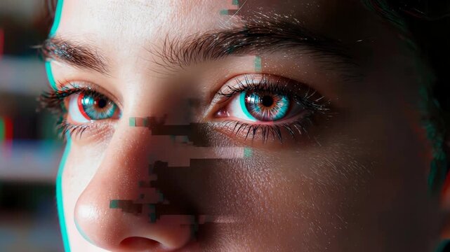 Digital glitch effect overlaying young woman eyes. Cyberpunk aesthetic with pixelated distortion and chromatic aberration. Extreme close-up shot.