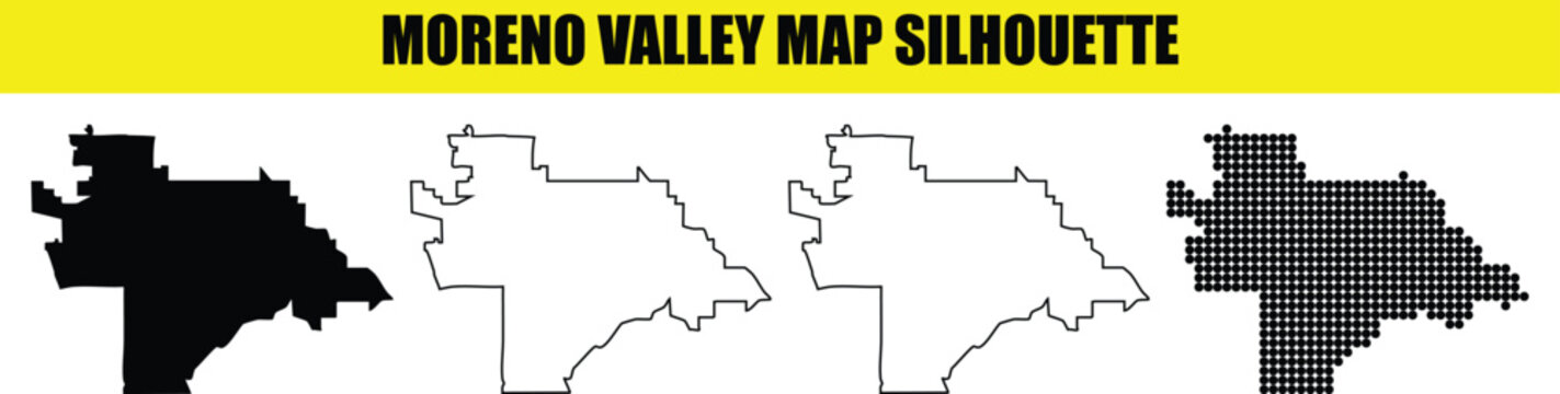 Moreno valley california map silhouette collection black white outline and dot illustrations for design