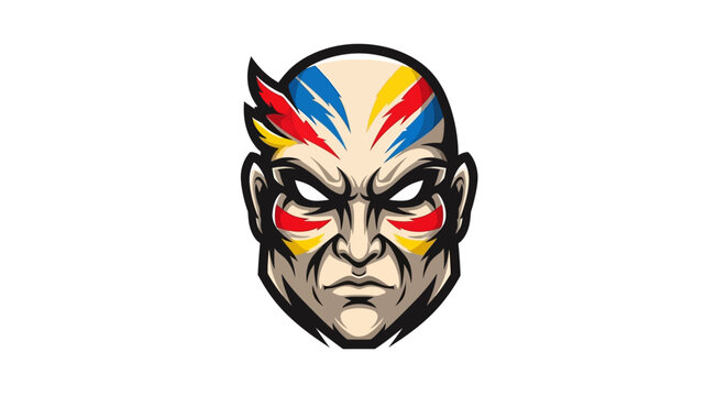 Cartoon illustration of a bald man's face with colorful tribal makeup on a white background.