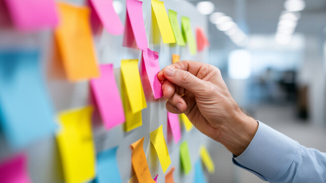 Top view faceless business developer hand using kanban board framework on virtual modern computer, showing innovation agile software development lean project management tool, with
