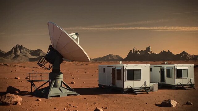 Large satellite dish and modular research base on red planet Mars. Scientific outpost for space exploration and communication. Panning camera movement.