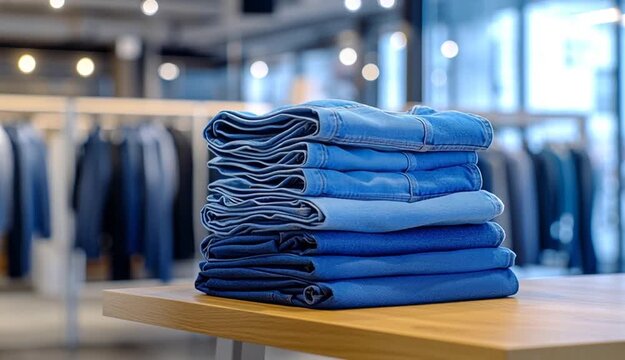 Stack of folded blue denim jeans on wooden table in modern clothing retail store, neat pile of various shades of blue jeans from dark to light denim, clothing racks and store interior visible in bac