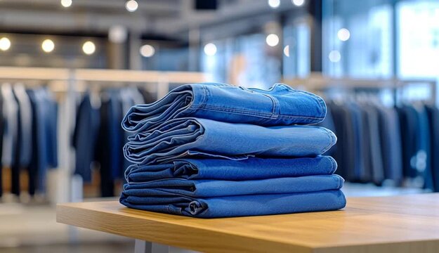 Stack of folded blue denim jeans on wooden table in modern clothing retail store, neat pile of various shades of blue jeans from dark to light denim, clothing racks and store interior visible in bac