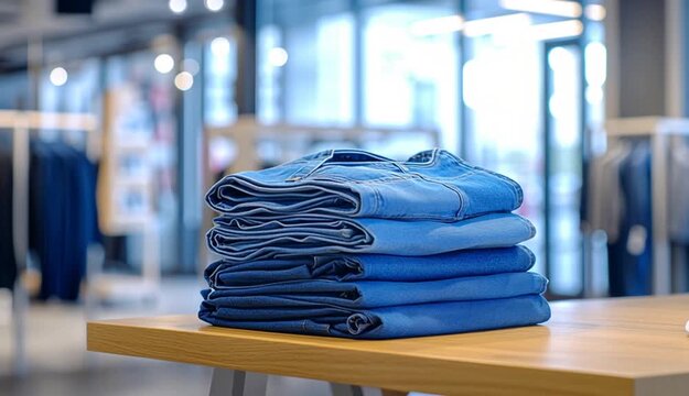 Stack of folded blue denim jeans on wooden table in modern clothing retail store, neat pile of various shades of blue jeans from dark to light denim, clothing racks and store interior visible in bac