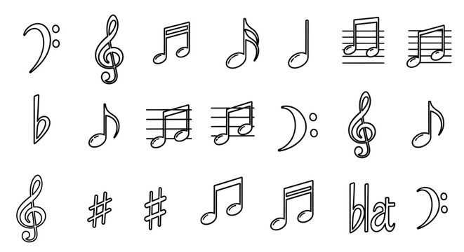 Musical notation icons including clefs, notes, rests, and accidentals, suitable for music education, composition, and performance graphics