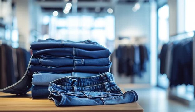 Stack of folded blue denim jeans on wooden table in modern clothing retail store, neat pile of various shades of blue jeans from dark to light denim, clothing racks and store interior visible in bac