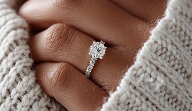 Close-up photograph of hand wearing diamond engagement ring with round solitaire stone and pave band, fingers touching white knitted sweater