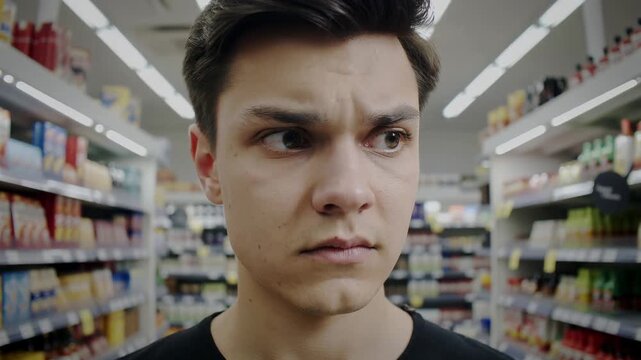 Confused shopper standing in grocery store aisle. Young man feeling overwhelmed by product choices in supermarket.