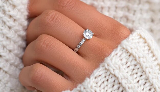 Close-up photograph of hand wearing diamond engagement ring with round solitaire stone and pave band, fingers touching white knitted sweater