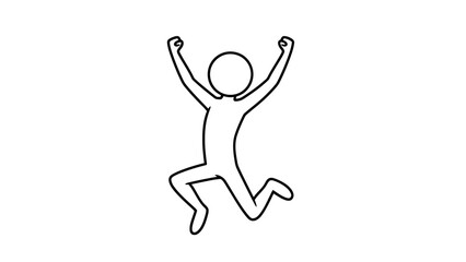 Simple line drawing of a person jumping with arms raised in excitement.