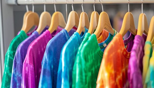 Row of colorful tie-dye t-shirts hanging on wooden hangers on clothing rack, vibrant rainbow colors including turquoise, yellow, orange, blue, purple, and green tie-dye patterns, retail clothing dis