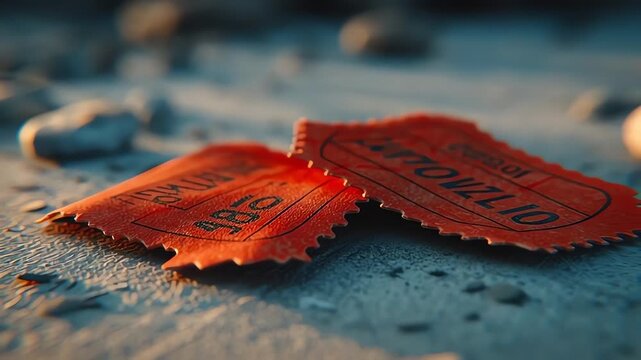 Torn orange paper tickets on textured ground, close-up of lost memories or forgotten events