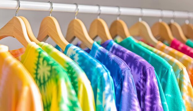 Row of colorful tie-dye t-shirts hanging on wooden hangers on clothing rack, vibrant rainbow colors including turquoise, yellow, orange, blue, purple, and green tie-dye patterns, retail clothing dis