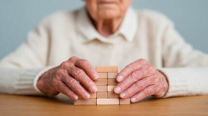 Elderly hands stacking wooden blocks on table, close up of aged skin and wrinkles showing fine motor skills and concentration in minimal style setting
