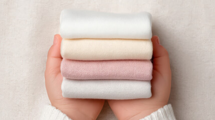 Soft fabric stack held by gentle adult hands with pastel colors in minimal style, conveying warmth and care in close up view