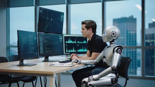 Software engineer collaborating with humanoid robot in high-tech office. Zoom out from close-up to wide shot.