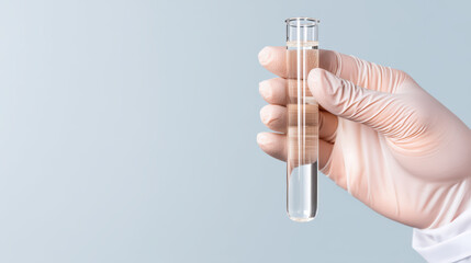 Scientist hand wearing glove holding clear liquid in test tube for laboratory experiment and research with minimal style close up